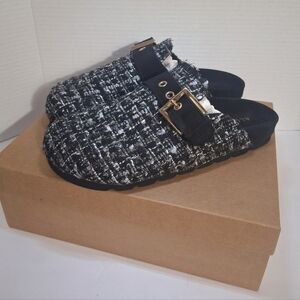 Alohas Black White Tweed Knit Faux Fur Clogs Womens Size 9.5 NIB Slip On Shoes